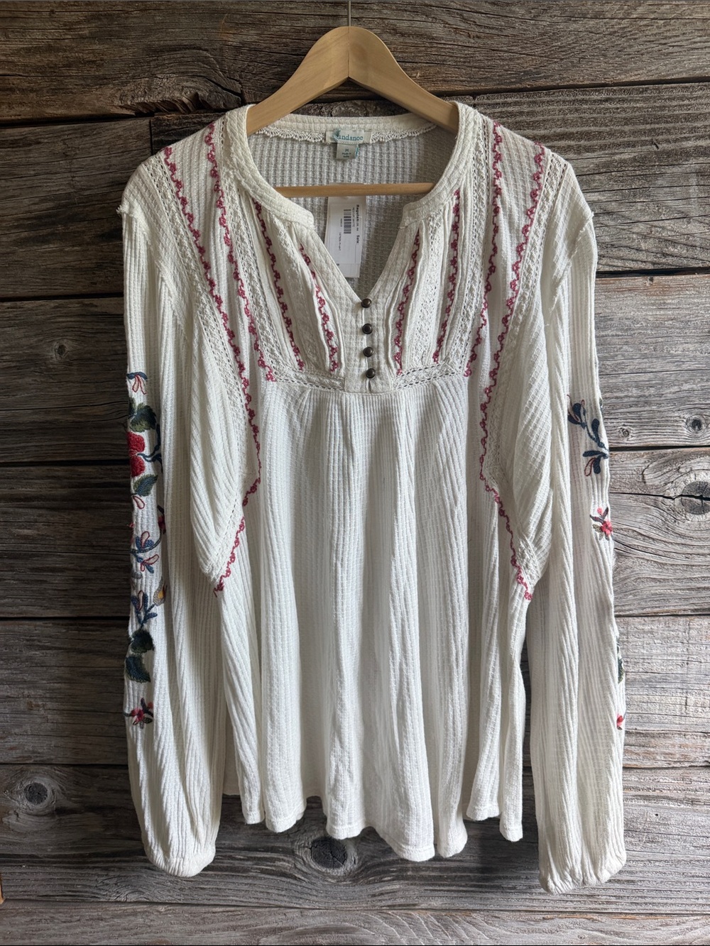 Sundance Boho Embroidered White Peasant Top - Soft V-Neck Long Sleeve